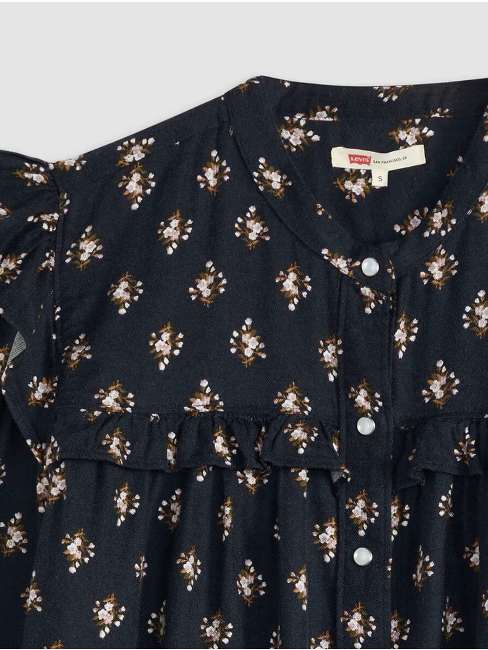 Navy Floral Ruffle Snap Button Blouse - Picture 6 of 9